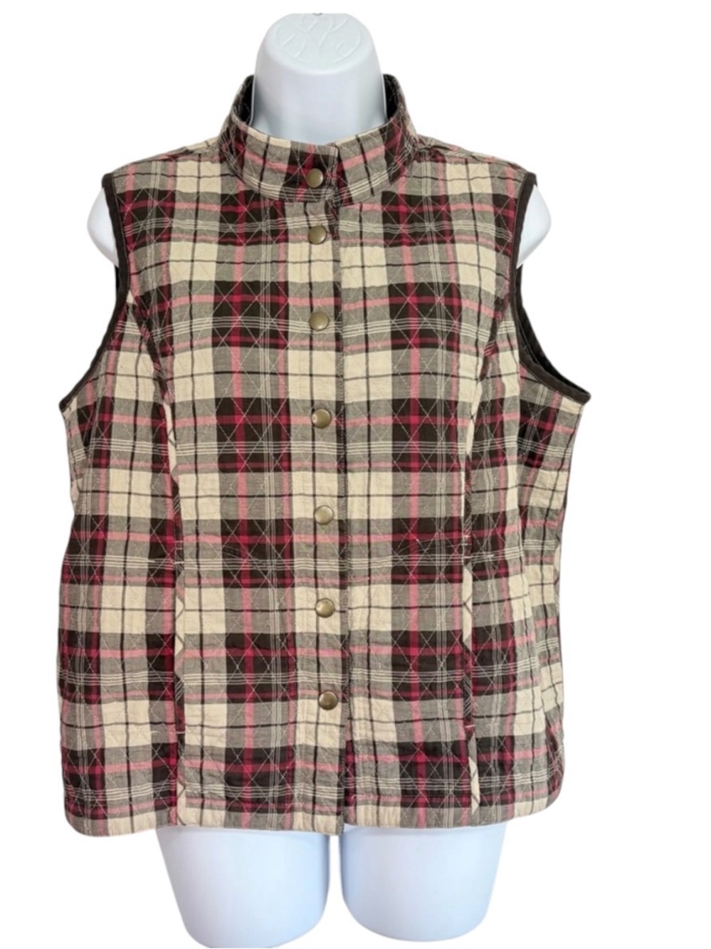 Reversible Plaid & Brown Quilted Snap Close Front Pockets Versatile Fall Vest